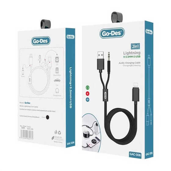 Go Des GAC-306 2 in 1 Aux Kablo Lightning to 3.5 mm & USB Ses Kablousu